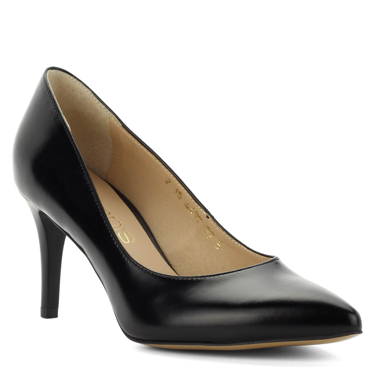 Anis alkalmi cipő fekete színben, 8 cm magas elegáns sarokkal. Kívül belül természetes bőrből készült.